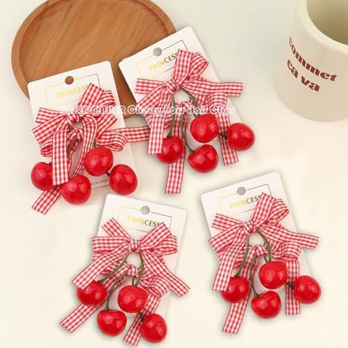 BASEMMAHER 8 Pcs cherry Bow Hair Clips Hair Accessories Red White Bow Hairpin Alligator Hair Barrettes Plaid Bows Clips for Women Girls Christmas Party Hair Decoration - Image 3